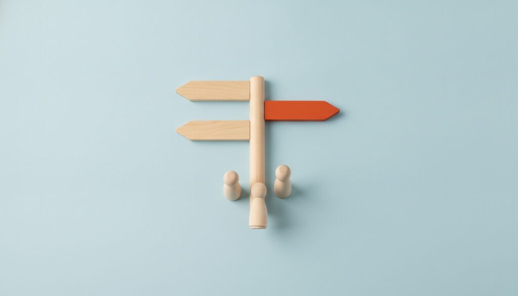 Wooden signpost with three directional arrows, one painted orange-red, and wooden figures deciding which way to go, representing a school choosing between in-house, agency, and fractional marketing
