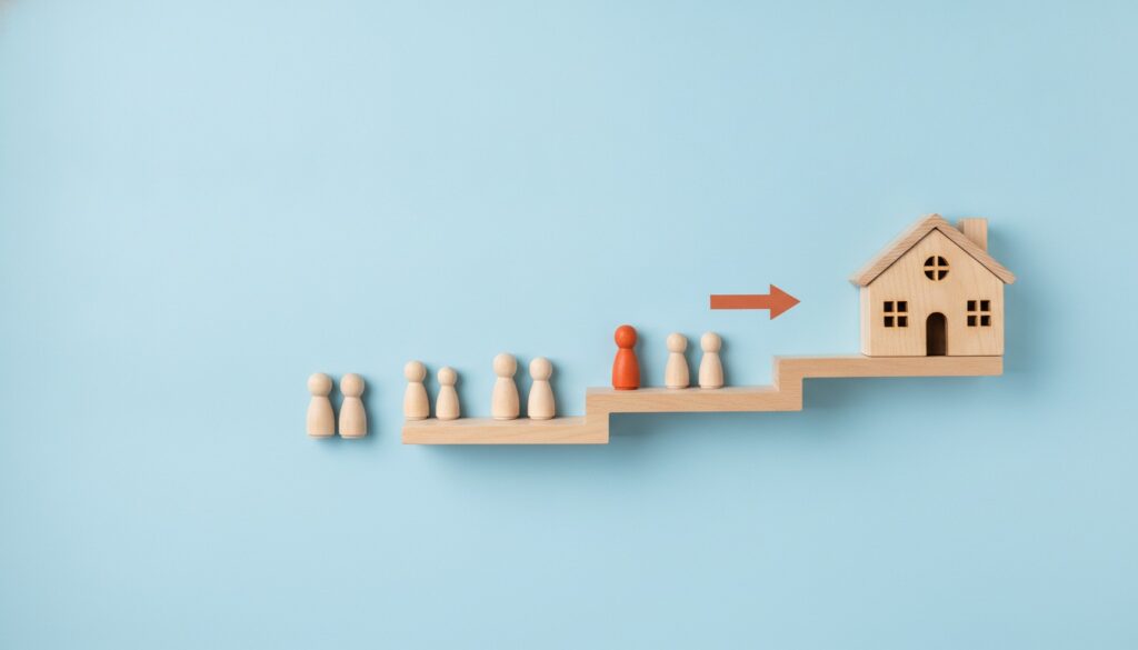 Wooden peg figures of families walking up steps toward a wooden schoolhouse, with an orange-red arrow, illustrating growing school enrollment