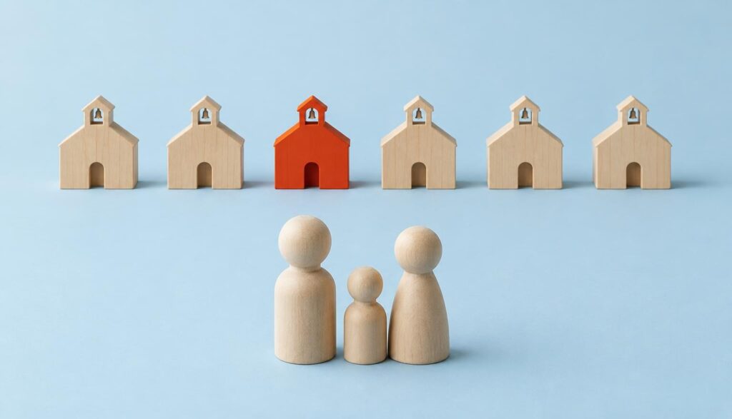 A wooden peg-doll family looks at a row of identical wooden schoolhouses, one painted orange, a metaphor for private school marketing that stands out